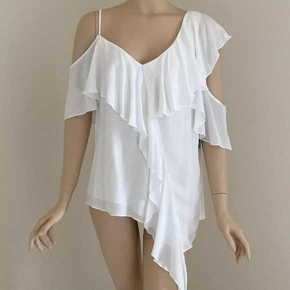 Aritzia Bailey 44 Ginger white asymmetrical ruffle cold shoulder blouse top - Picture 4 of 9